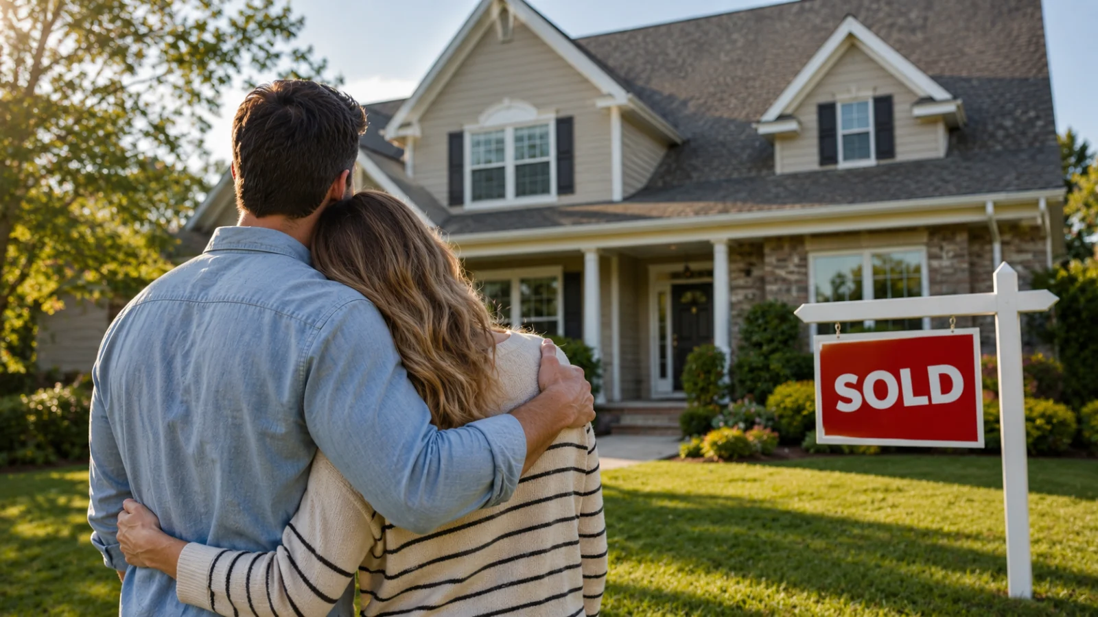 A couple in front of their newly purchased home with a sold sign in the yard